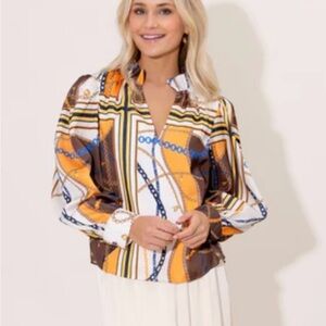 Alden Adair Phoebe Chain Print Blouse in Brown, Blue, and Yellow